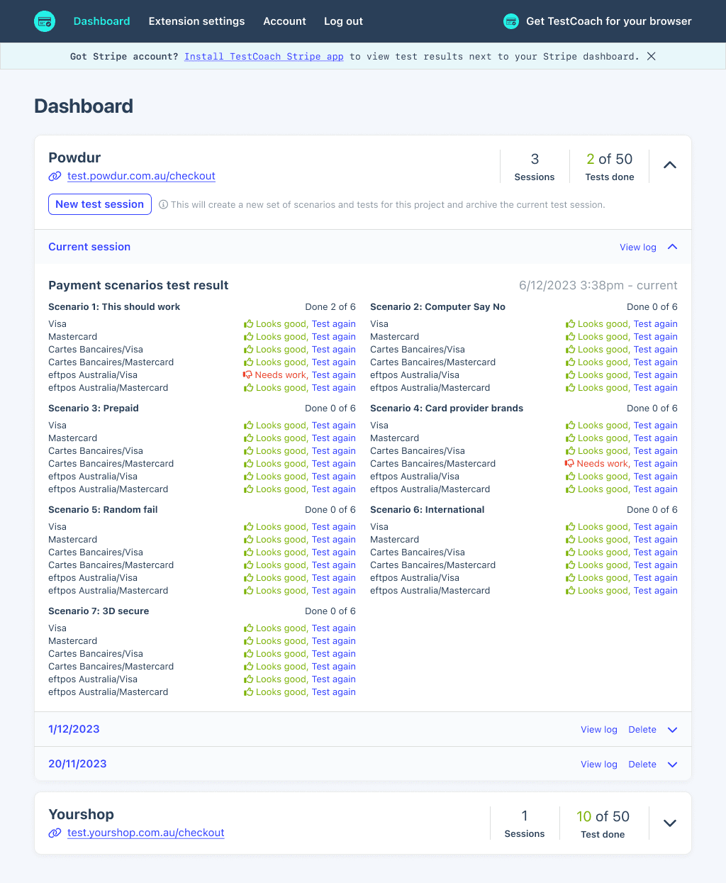 Testcoach dashboard